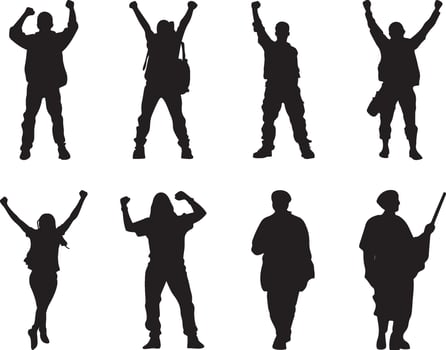 Silhouettes of Diverse People Celebrating and Walking vector