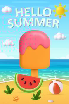 3D Hello Summer Beach Scene with Ice Cream and Watermelon vector