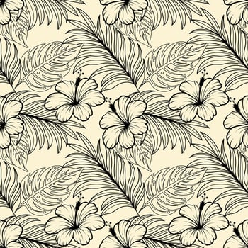 Outline Aloha hibiscus flower Hawaiian tropical seamless pattern. nature floral abstract back ground. vector