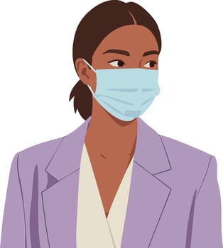 Woman wearing medical face mask in purple blazer looking sideways illustration vector
