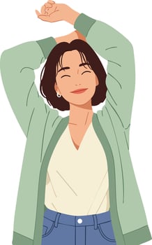 Young woman stretching arms wearing green jacket and blue jeans casual lifestyle illustration vector