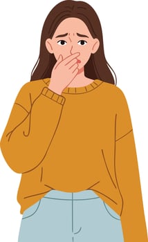 Woman covering mouth with hand feeling worried and anxious in casual clothing illustration vector
