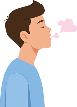 Young man blowing pink heart shaped kisses with eyes closed in peaceful romantic gesture illustration vector