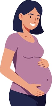 Pregnant woman with dark hair smiling and holding belly in purple shirt illustration vector