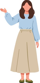 Woman in blue blouse and beige skirt waving hand illustration with casual style and minimal design vector