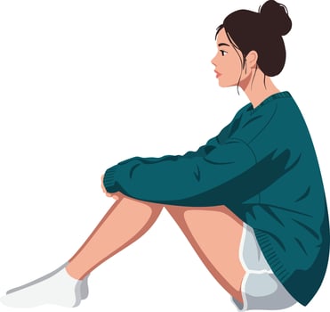 Young woman sitting thoughtfully in casual clothes with bun hairstyle and socks illustration vector