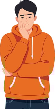 Young man in orange hoodie showing thoughtful expression with hand on cheek and crossed arms illustration vector