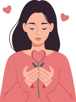 Woman holding heart-shaped flower with love and affection pink theme illustration vector