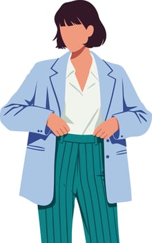 Woman in blue blazer and striped green pants adjusting clothing illustration casual style vector