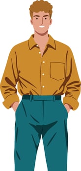 Young man standing with hands in pockets wearing mustard shirt and teal pants casual style illustration vector