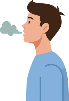 Young man wearing blue sweater exhaling visible breath in cold weather illustration vector