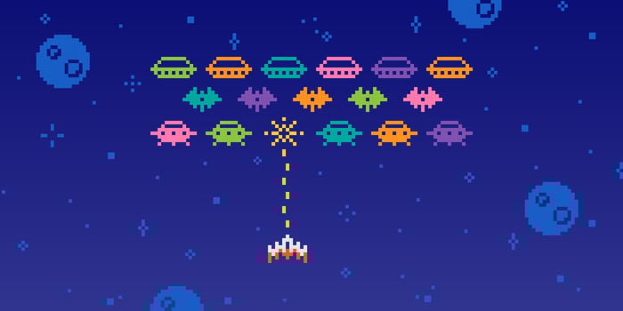 Pixel Space Arcade. Retro 8-bit aliens, UFOs, and spaceships. game spacing battle scene with cosmic characters, monsters, robots silhouette. 80s computer style elements vector