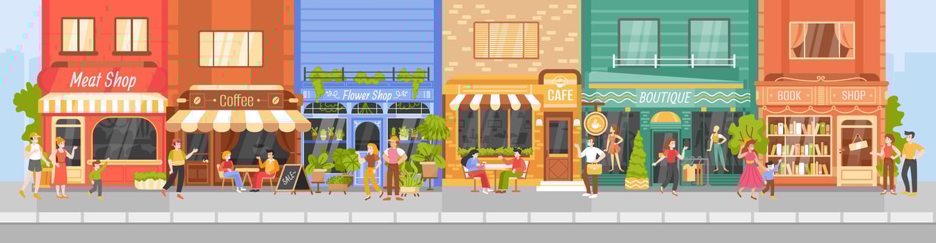 City street with buildings stores. Small urban cafe and shop facade exterior. Town landscape with local storefronts shops. People walking and buying. City panorama background vector