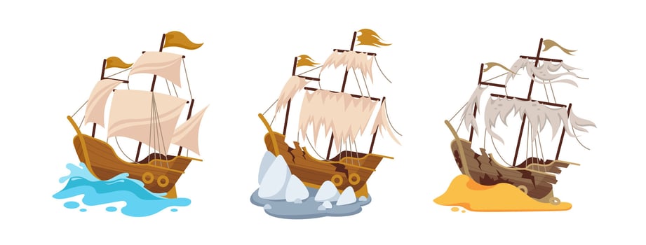 Broken ship. Damaged wooden sail boat. Cartoon abandoned sailing ships on water, on sand in various forms. Shipwreck vintage ship in ocean. Sailboat ragged sails. illustration vector