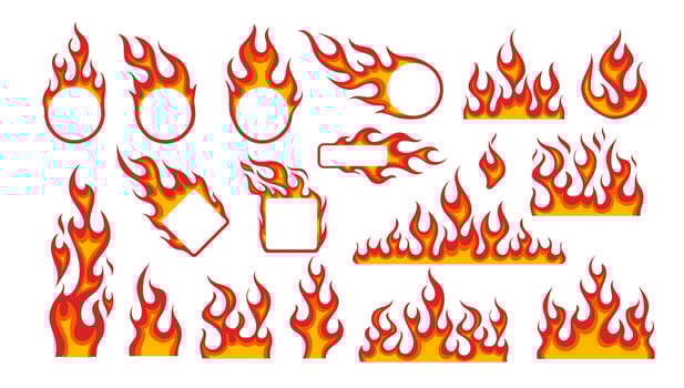 Fire flame frame. Flaming border stickers. Cartoon horizontal campfire elements, fire circle, oval, square frames. Yellow, red burn wildfire silhouette. Hot flammable borders set vector