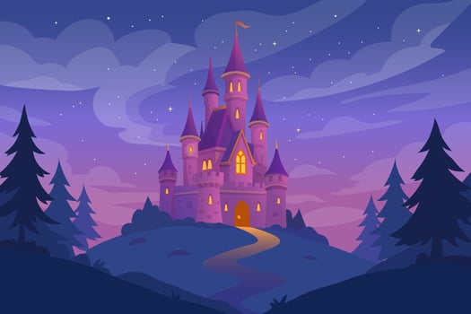 Magical fairytale castle at night in flat cartoon style. Fantasy landscape, twilight sky, stars, and pine trees. Perfect for children's book illustration, mobile game background, or print design. vector