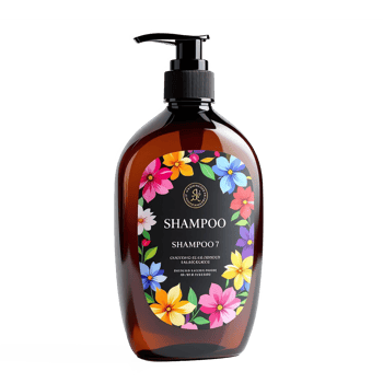 No Background Transparent Clipping Path Amber Shampoo Bottle with Colorful Floral Label Design Promotional Packaging png