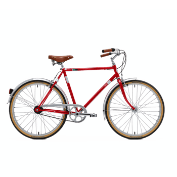 Red vintage bicycle with brown saddle and cream tires on transparent background png