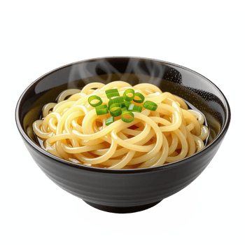 Steaming hot bowl of traditional Japanese udon noodles with green onions in black bowl on transparent background png