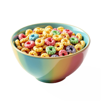 Colorful Fruit Loop Breakfast Cereal in a Rainbow Gradient Bowl with Transparent Background png