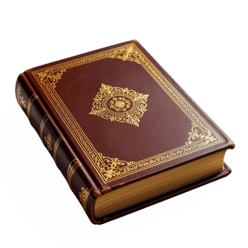 Elegant antique hardcover book with ornate gold embossing and decorative border in a rich brown color with transparent background png