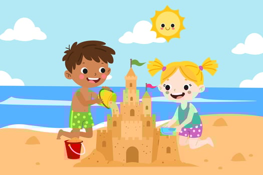 Cute kids building a sandcastle on a beach illustration vector