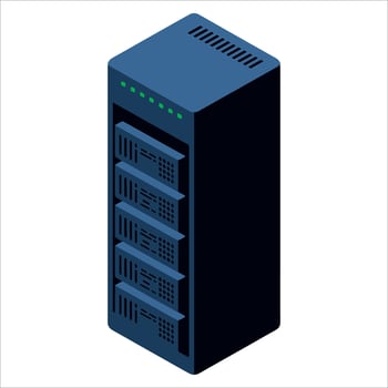 Modern server rack illustration featuring detailed data center setup with computer hardware, network storage, and tech equipment, ideal for IT infrastructure themes. vector