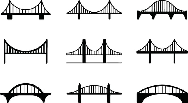 Collection of various silhouette bridge illustrations presenting different architectural designs and engineering constructions vector