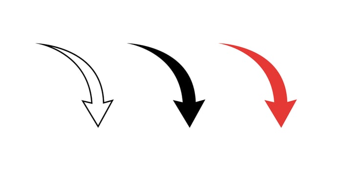 Downward curved arrow icon set. Decrease direction sign symbol vector
