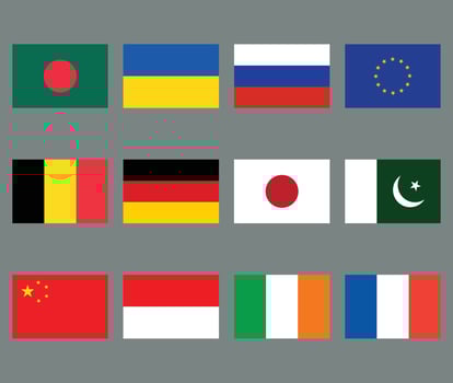 Set of Twelve National Flags Bangladesh, Ukraine, Russia, EU and More vector
