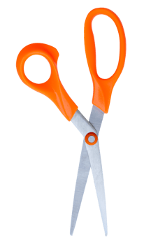 Vertical open multipurpose scissors with orange handle in vertical isolated with clipping path in file format png