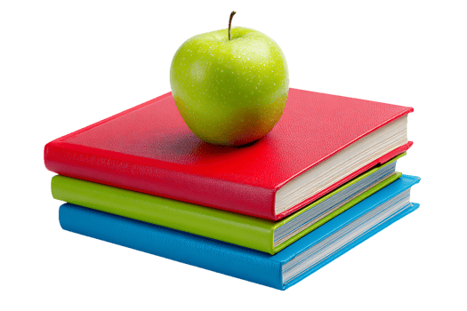 Green Apple Resting on Top of a Stack of School Books Transparent Isolated png