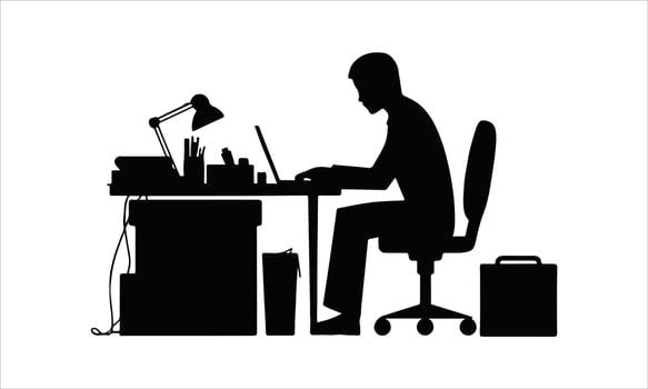 Man working at desk laptop office silhouette vector