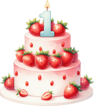 Strawberry birthday cake with one candle png