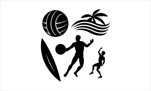 Beach volleyball summer fun surfboard palm tree vector