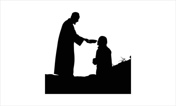 Man giving food to a needy person silhouette vector