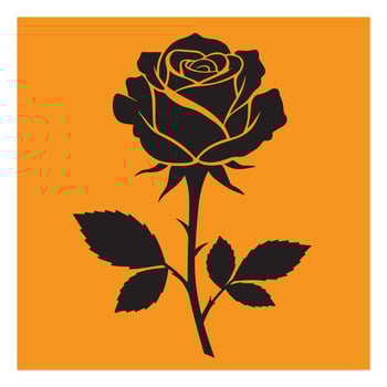 Elegant silhouette of a black rose with stem and leaves set against an orange background vector