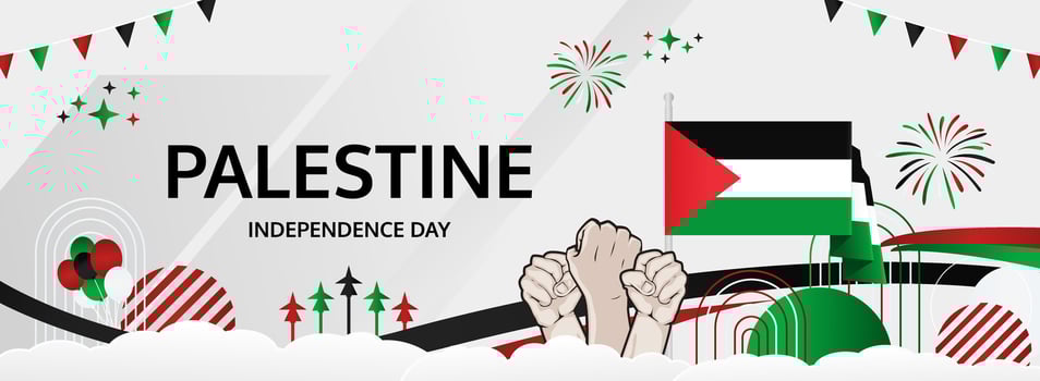 Happy Palestine Independence Day, November 15. Modern horizontal header for National Day. Festive Palestinian flag colors. Perfect for celebrations, tourism. vector