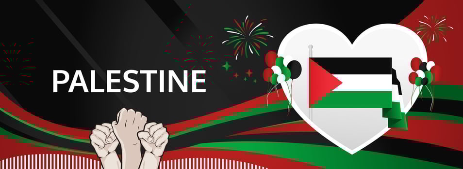 Palestine Independence Day greeting. November 15, Happy National Day. Modern horizontal banner with black, white, green, red flag colors. Perfect for events, travel offers, celebrations. vector