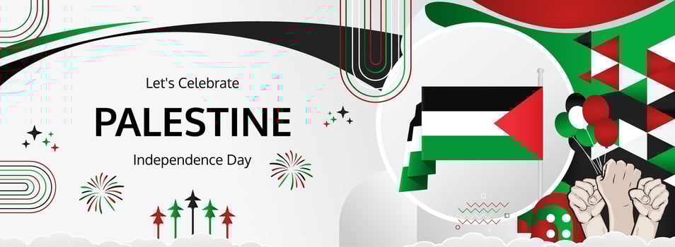 Happy Palestine National Day. November 15 modern header banner. Palestinian flag colors, festive horizontal design. Great for tourism campaigns, celebrations. vector
