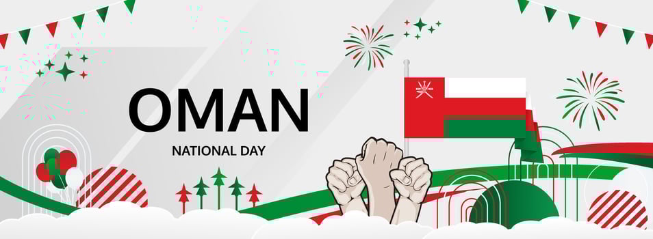 November 18, Happy Oman National Day banner. Modern festive design. Oman National Independence Day wide background with white, red, green colors. Ideal for digital headers. vector