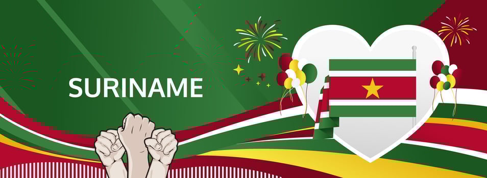 November 25, Happy Suriname Independence Day banner. Modern festive design. Surinamese National Day wide background with green, white, red, yellow colors. Ideal for digital headers. vector