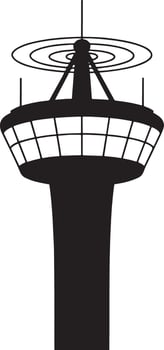 Air traffic control tower silhouette black and white illustration. vector
