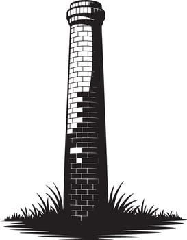 Black and white illustration of a brick chimney tower in grass. vector