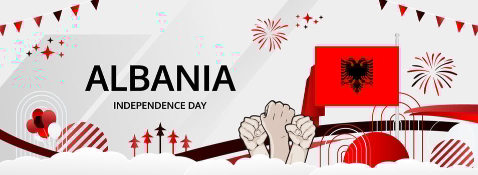 Albania Independence Day greeting. November 28, Happy National Day. Modern horizontal banner with Albanian flag colors. Perfect for events, travel offers, flash sales. vector