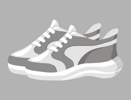 Flat illustration of a pair of colorful sport sneakers, hand drawn in cartoon style. Isolated on a gray background, perfect for fitness, training, and active lifestyle themes. vector