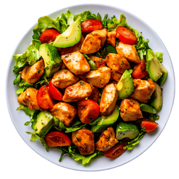 Fresh Grilled Chicken Salad with Colorful Vegetables and Herbs White Plate png