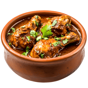 Spicy Chicken Drumsticks in Rich Gravy Served in Rustic Clay Bowl with Fresh Herbs png