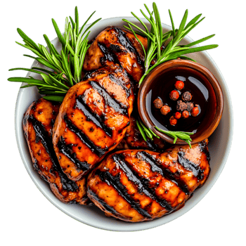 Grilled Chicken Breasts Served with Fresh Herbs and Spicy Sauce in a Bowl png