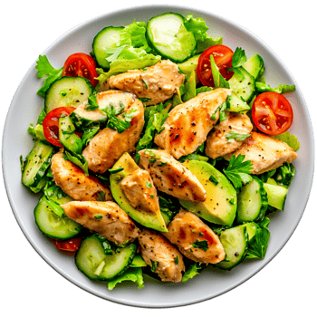 Healthy Grilled Chicken Salad with Fresh Vegetables and Colorful Garnishes png